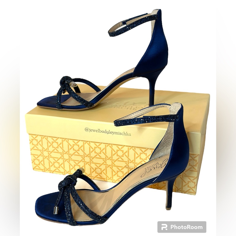 JEWEL BADGLEY MISCHKA Womens Navy Knot Lenny Square Toe Heeled Sandal 7.5